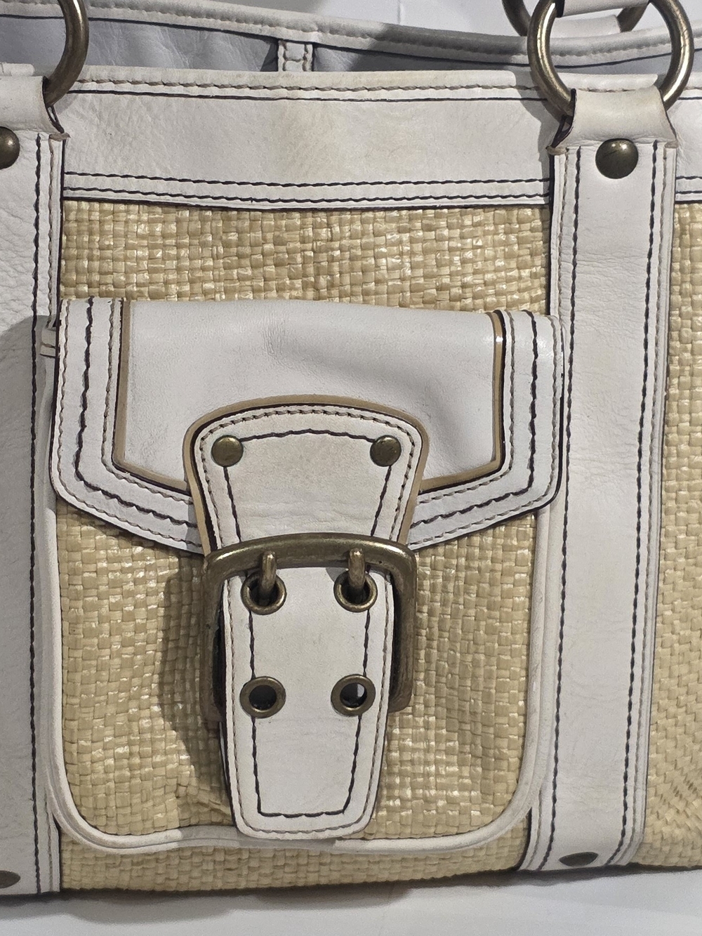 Coach White and Natural Woven Shoulder Bag with Buckle Accent